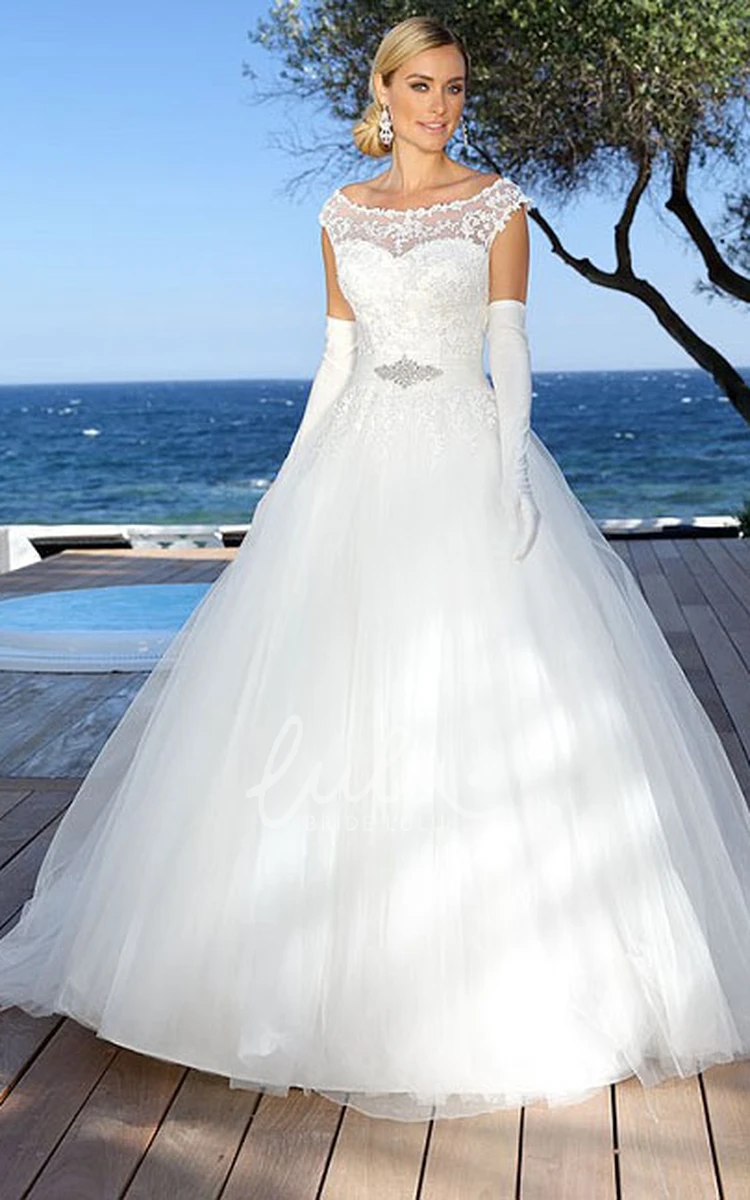 Cap-Sleeve Tulle Wedding Dress Ball Gown Scoop-Neck