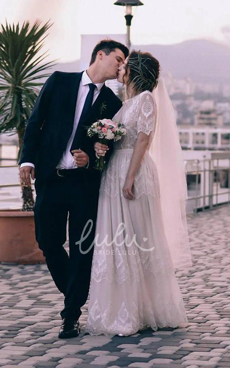 Illusion Chiffon Lace Wedding Dress with High Neck and Half Sleeves