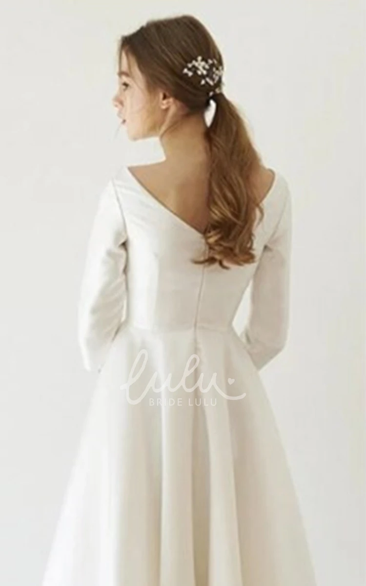 Satin V-neck A-line Tea-length Wedding Dress Elegant and Timeless