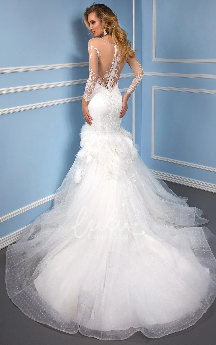 Floral Mermaid Tulle Wedding Dress with Long Sleeves