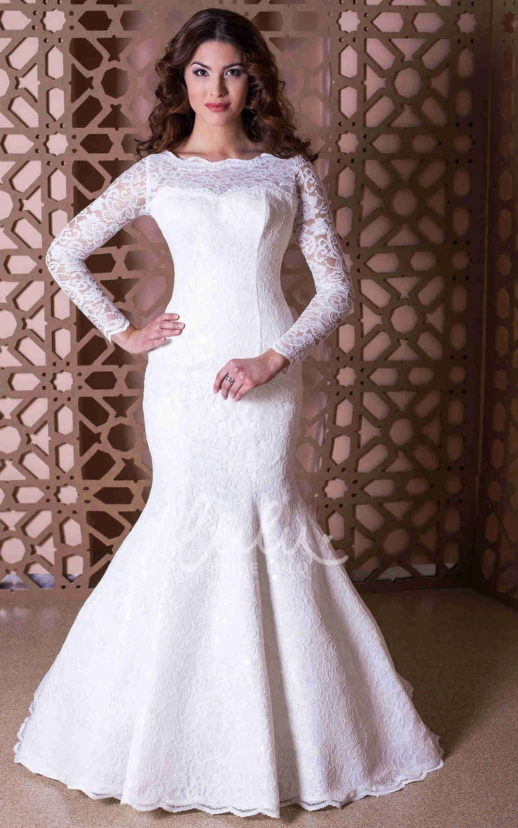 Illusion Lace Trumpet Wedding Dress Bateau Neckline Long Sleeve