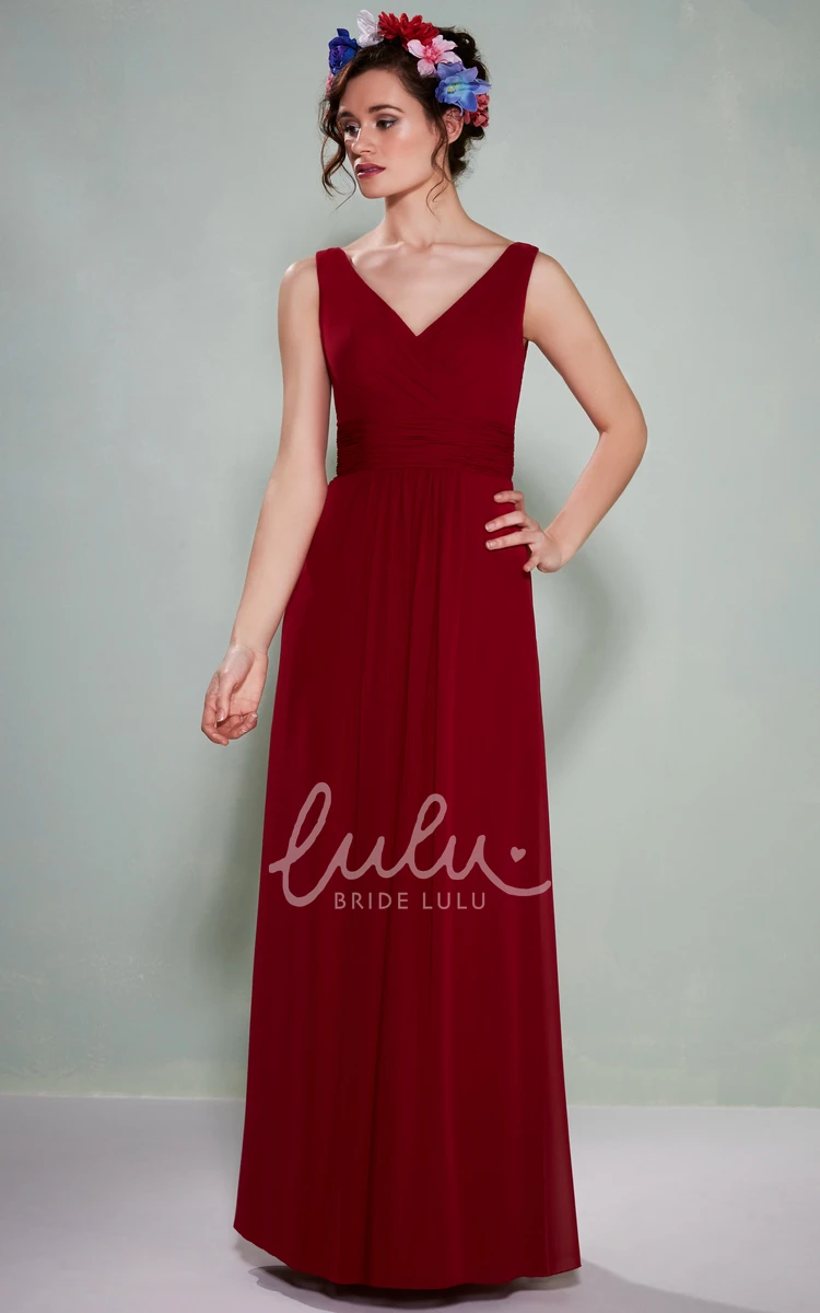 Ruched Chiffon Bridesmaid Dress with Illusion Back and V-Neck