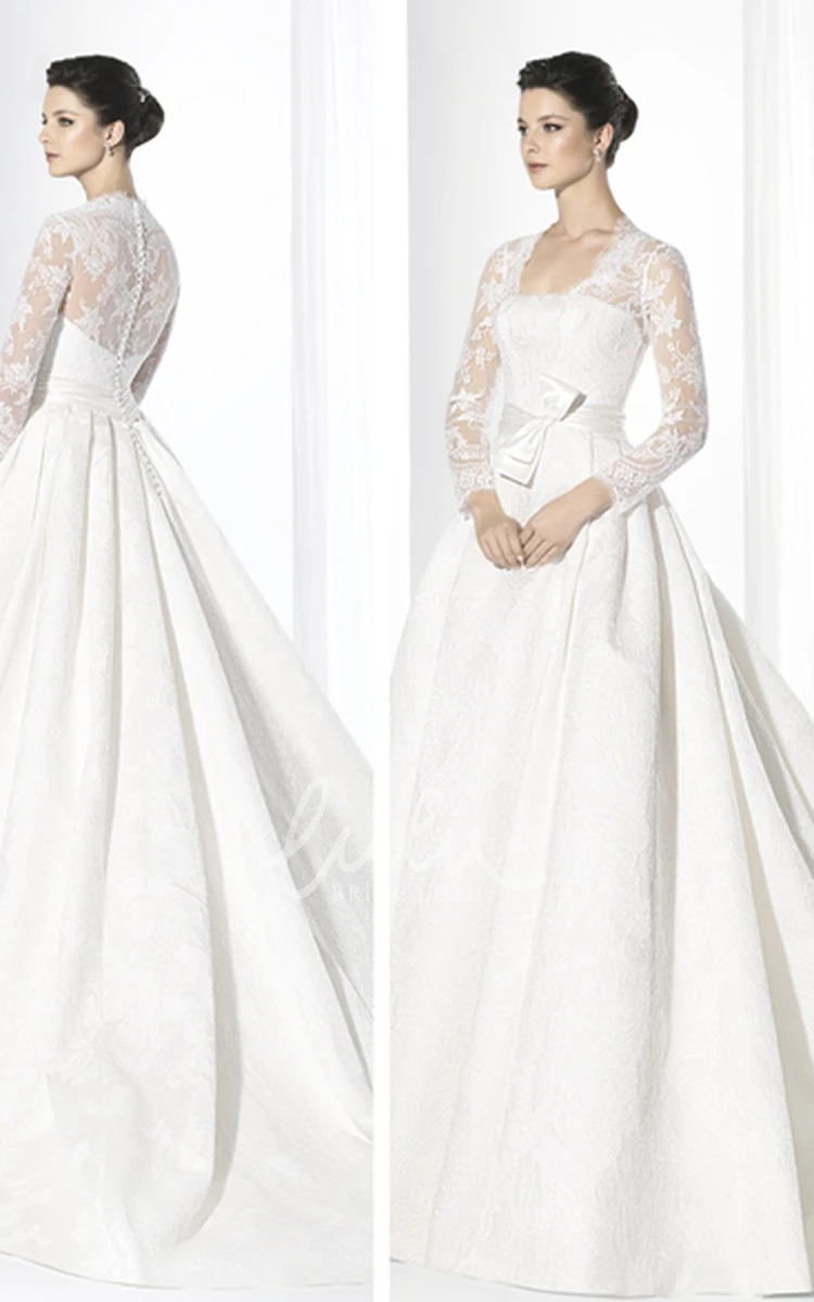 Ball Gown Long-Sleeve Lace Wedding Dress with Square-Neck Bow and Illusion