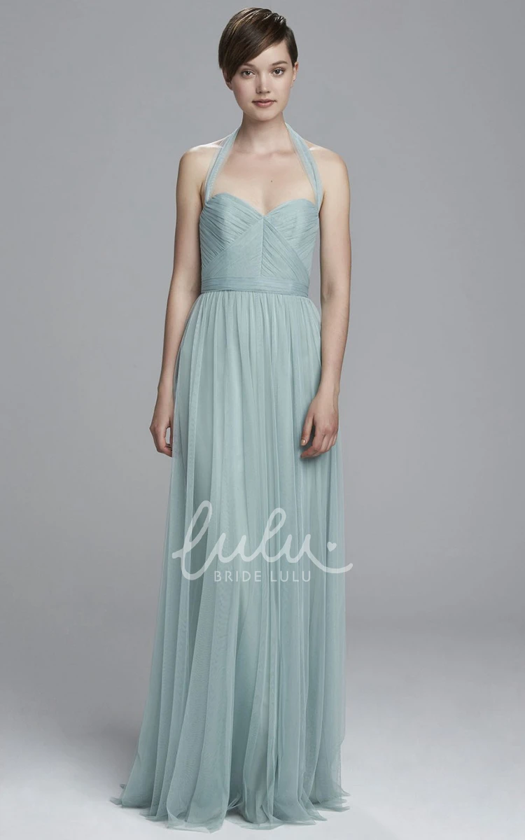 Haltered A-Line Tulle Bridesmaid Dress with Ruched Pleats