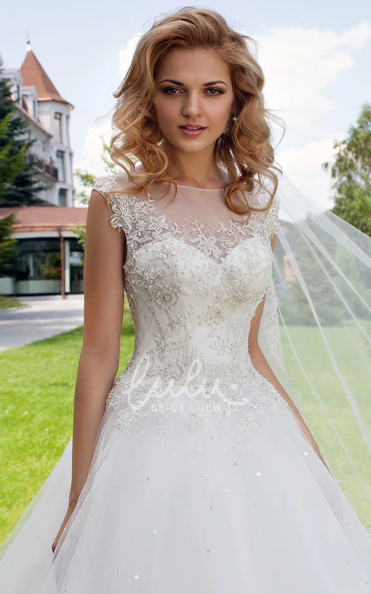 Maxi Tulle Wedding Dress with Illusion Back and Court Train Sleeveless Appliqued Bateau Neckline