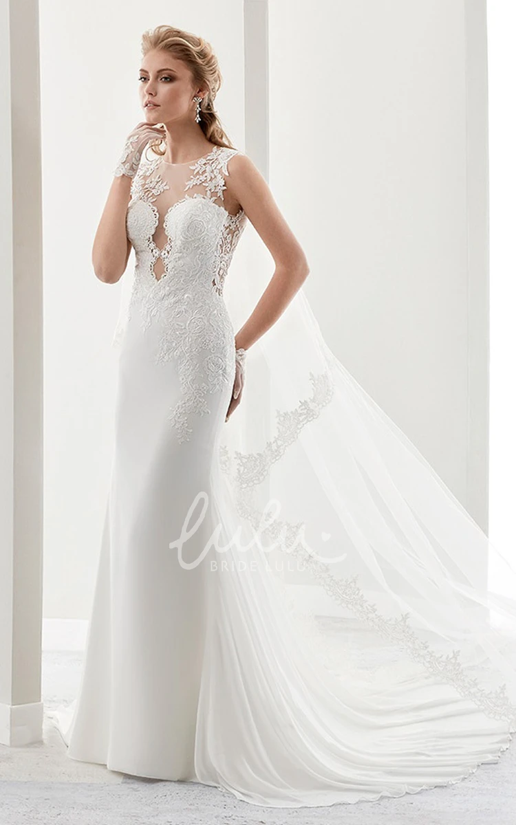 Lace Sheath Wedding Dress with Cap Sleeves Illusion Details and Court Train