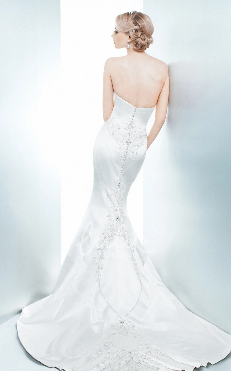 Beaded Satin Strapless Mermaid Wedding Dress with Court Train Sleeveless and Backless Style