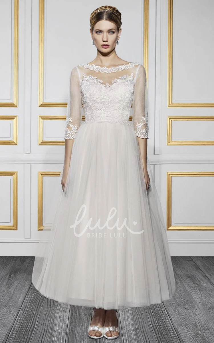 Appliqued Tulle 3-4 Sleeve Bateau Neck Wedding Dress Vintage Bridal Gown