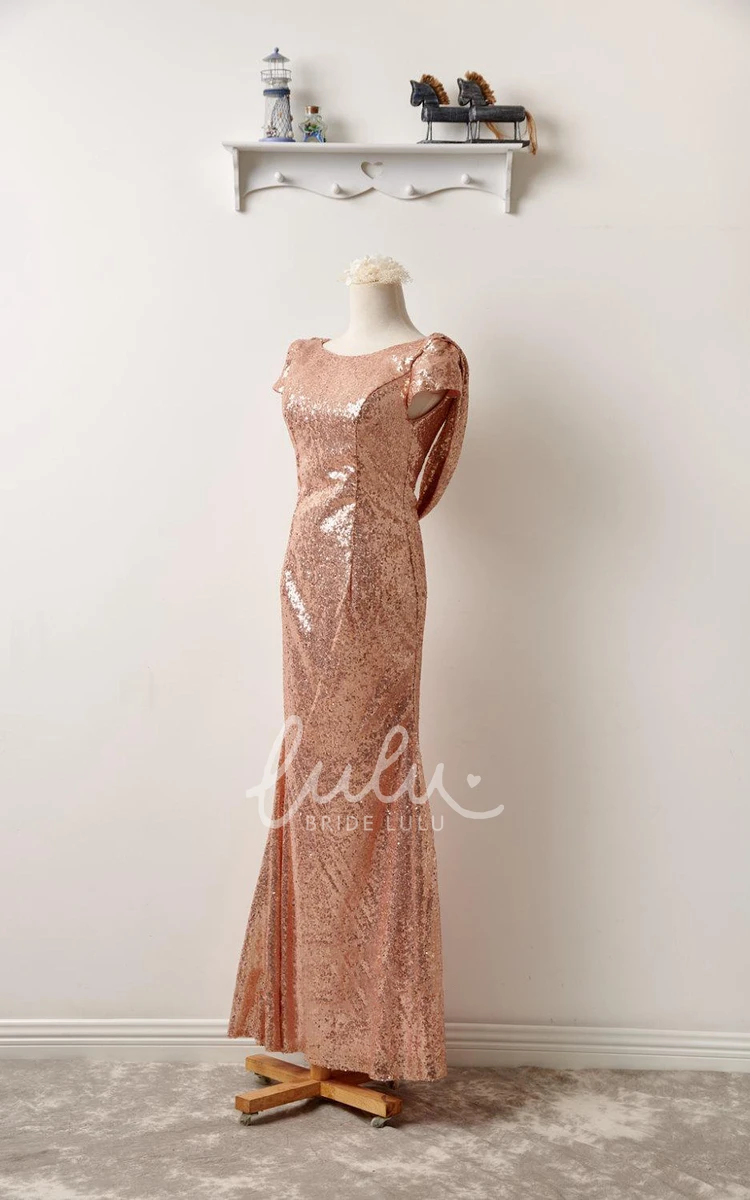 Elegant Rose Gold Sequin Bridesmaid Dress with Short Sleeves