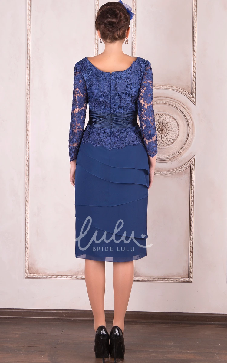 Appliqued Knee-Length Mother of the Bride Dress with Long Sleeves and Scoop Neck