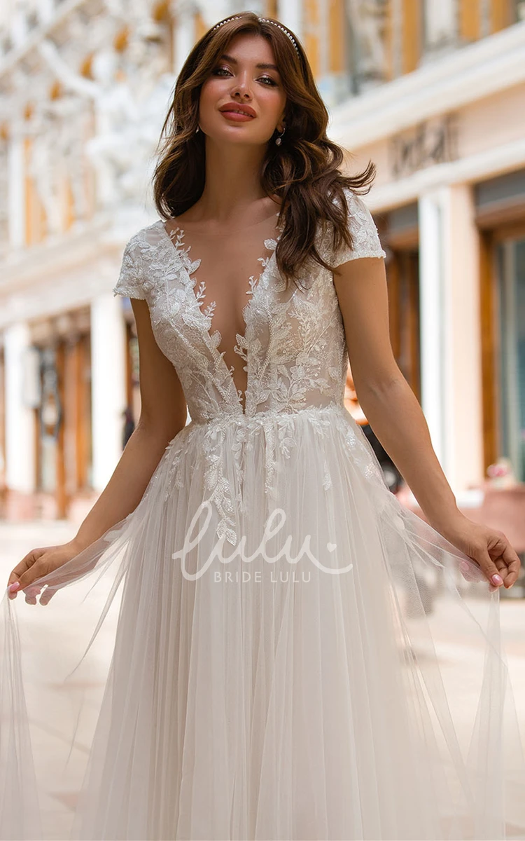 Plunging Neck Tulle Wedding Dress with Appliques Elegant A Line Sweep Train