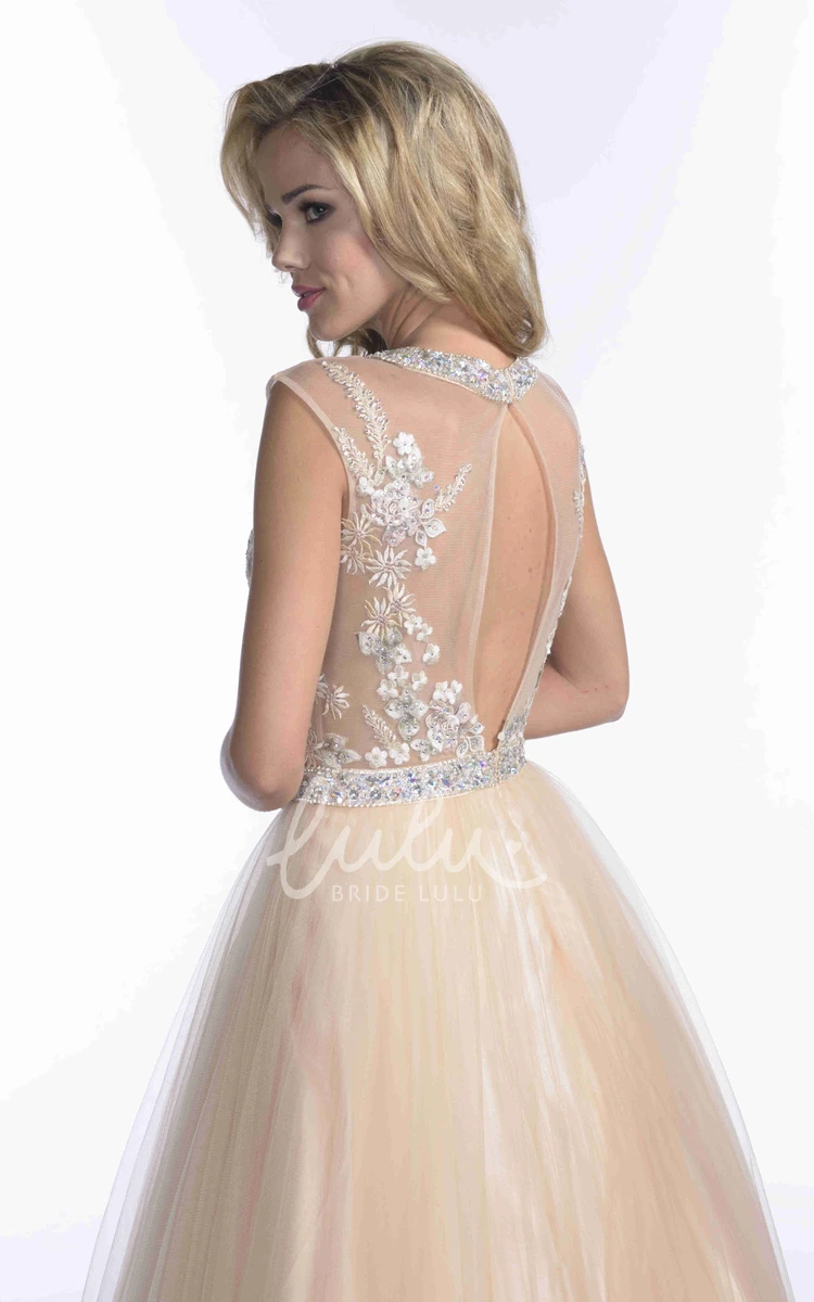 Crystal Neck Lace Bodice A-Line Prom Dress with Tulle Skirt