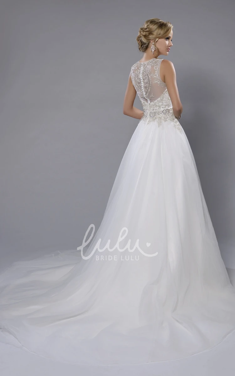 Sleeveless Jewel Neck Tulle Wedding Dress with Metallic Bodice Flowy A-Line Style