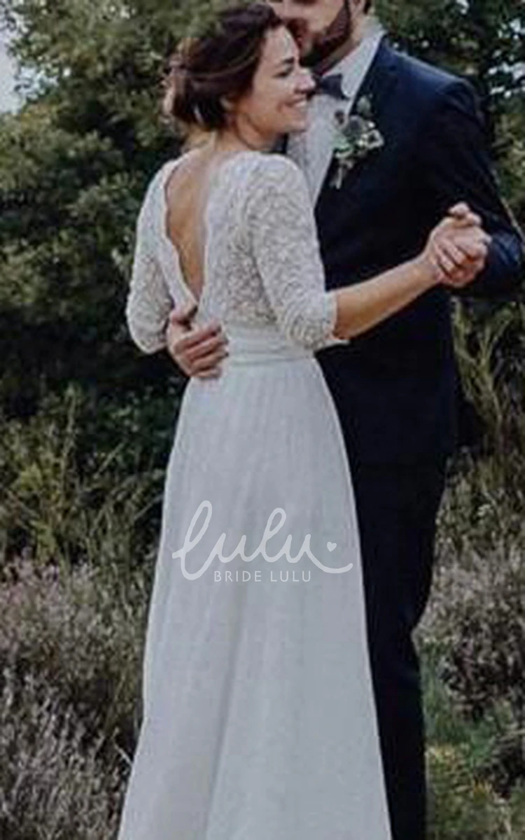 Chiffon and Lace Scalloped Plunging Wedding Dress Ethereal & Modern