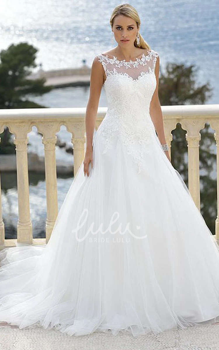 Illusion Court Train Tulle Wedding Dress with Appliques Elegant Bridal Gown