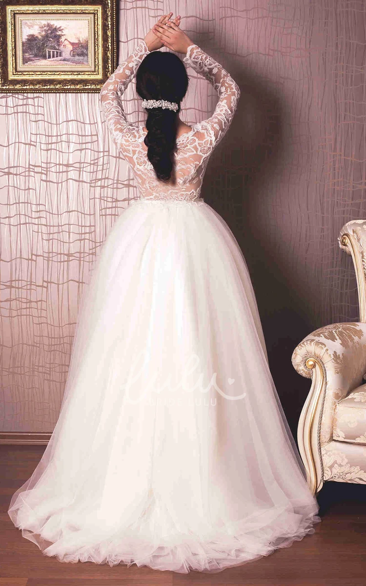 Lace Bateau Tulle Wedding Dress Floor-Length Long-Sleeve A-Line