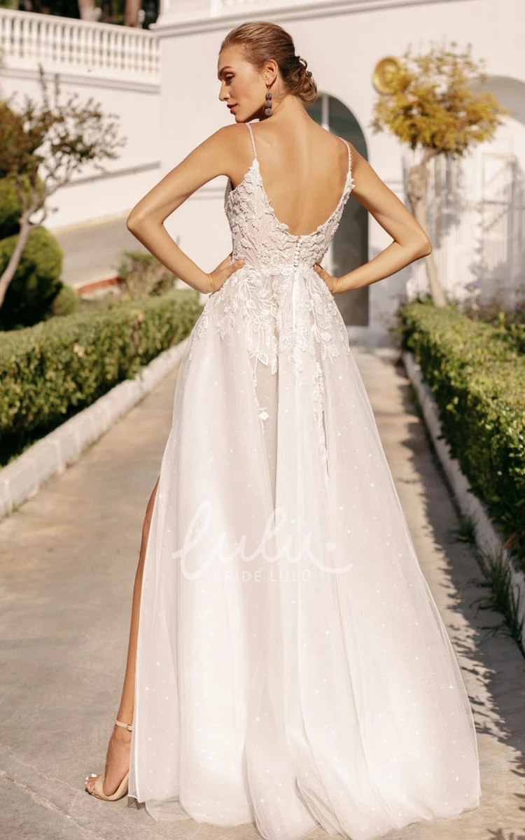 A Line Lace Wedding Dress with Split Front and Open Back Simple Wedding Dress with Spaghetti Straps