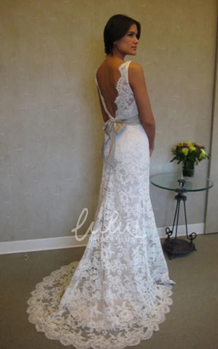 Floor Length Lace Dress with V Back and Bateau Neckline