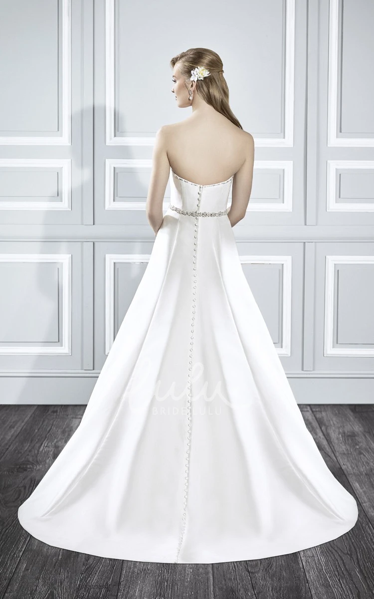 Backless Style Satin Wedding Dress with Sweep Train A-Line Strapless Sleeveless