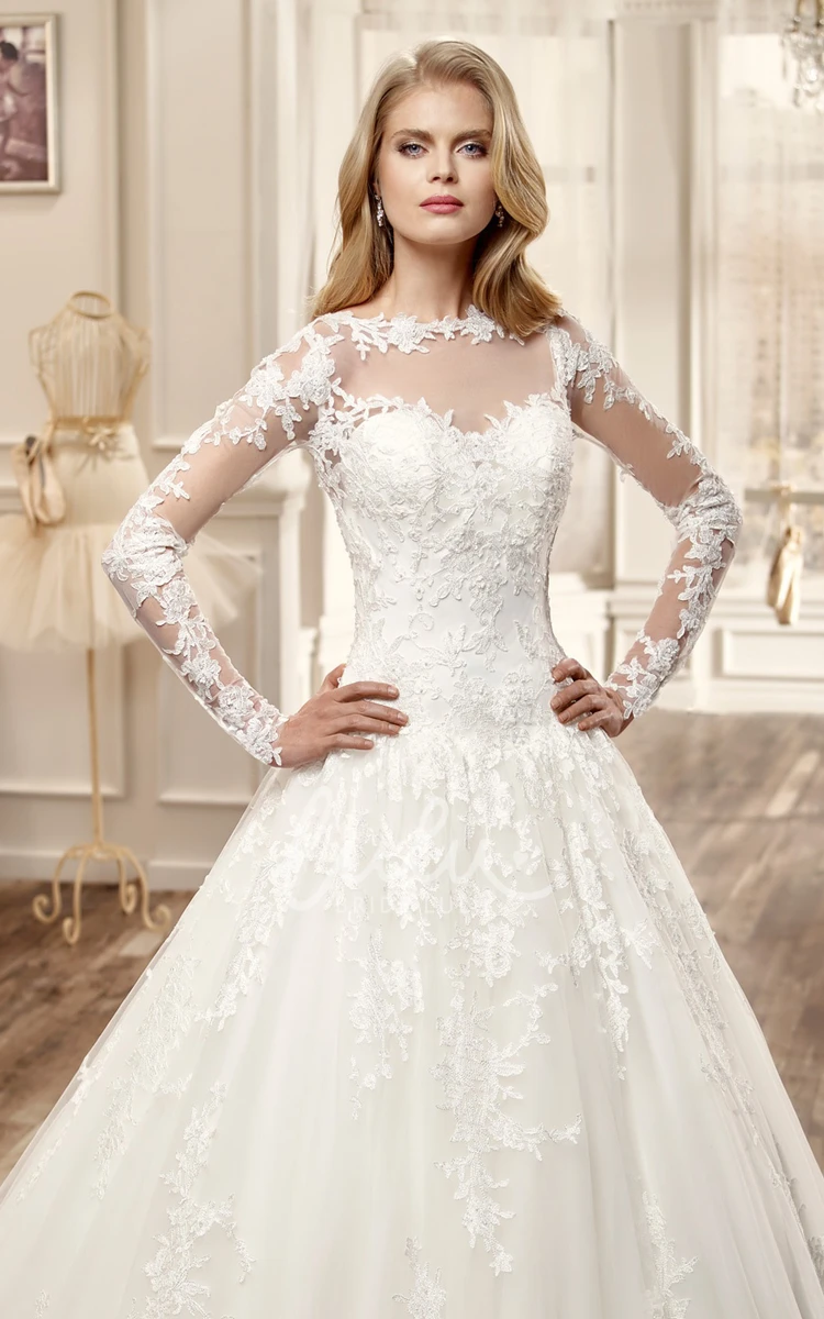 A-Line Wedding Dress with Brush Train and Appliques Classic Bridal Gown