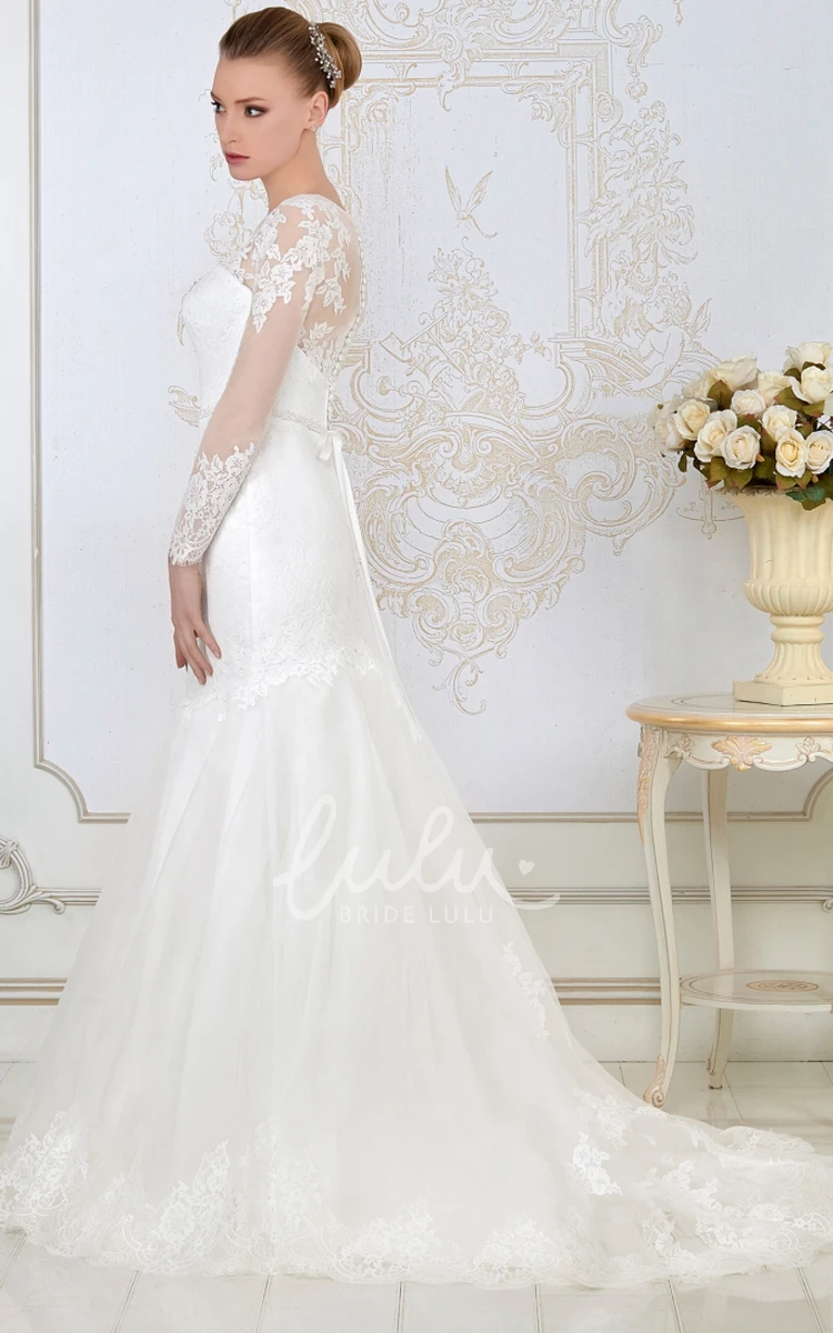 Lace Mermaid Long-Sleeve Jewel-Neck Wedding Dress with Waist Jewelry