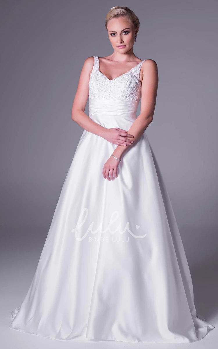 Satin A-Line Wedding Dress with V-Neck Appliques and Sleeveless Design