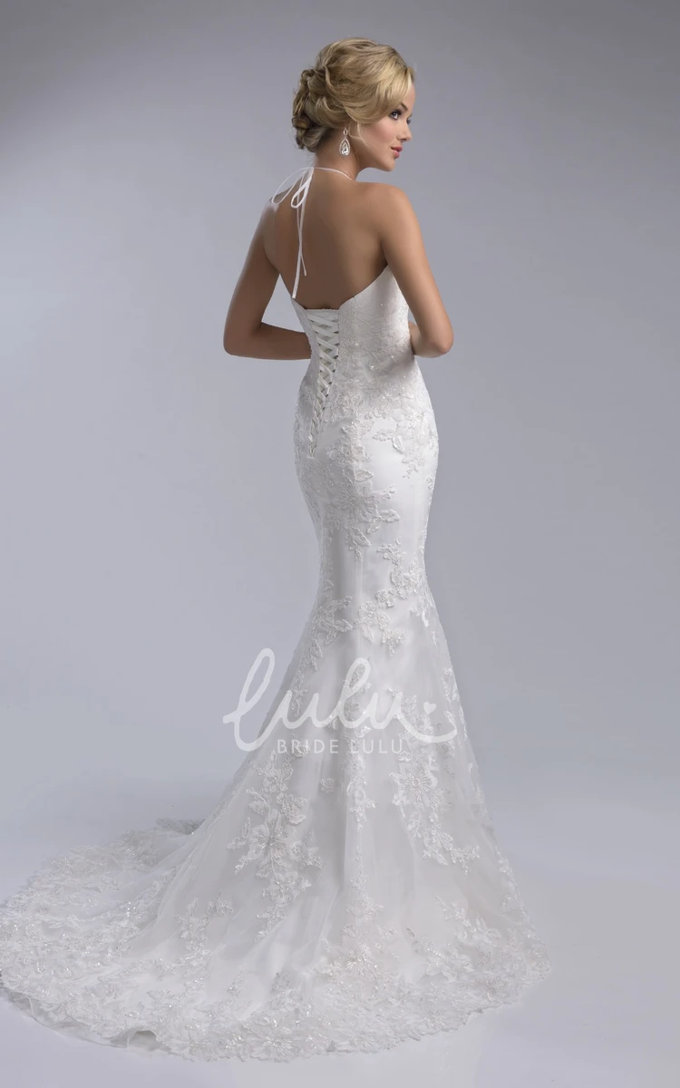 Halter Sleeveless Lace Mermaid Wedding Dress with Lace-Up Back Bridal Gown