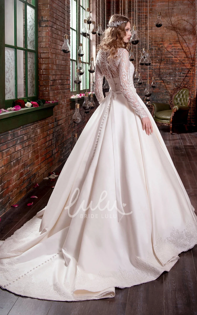 Long-Sleeve Illusion Satin Ball Gown with Jeweled Waist and Appliques