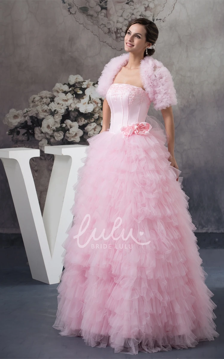 Ruffled Tulle Ball Gown Quinceanera Dress with Bolero Strapless Formal Dress