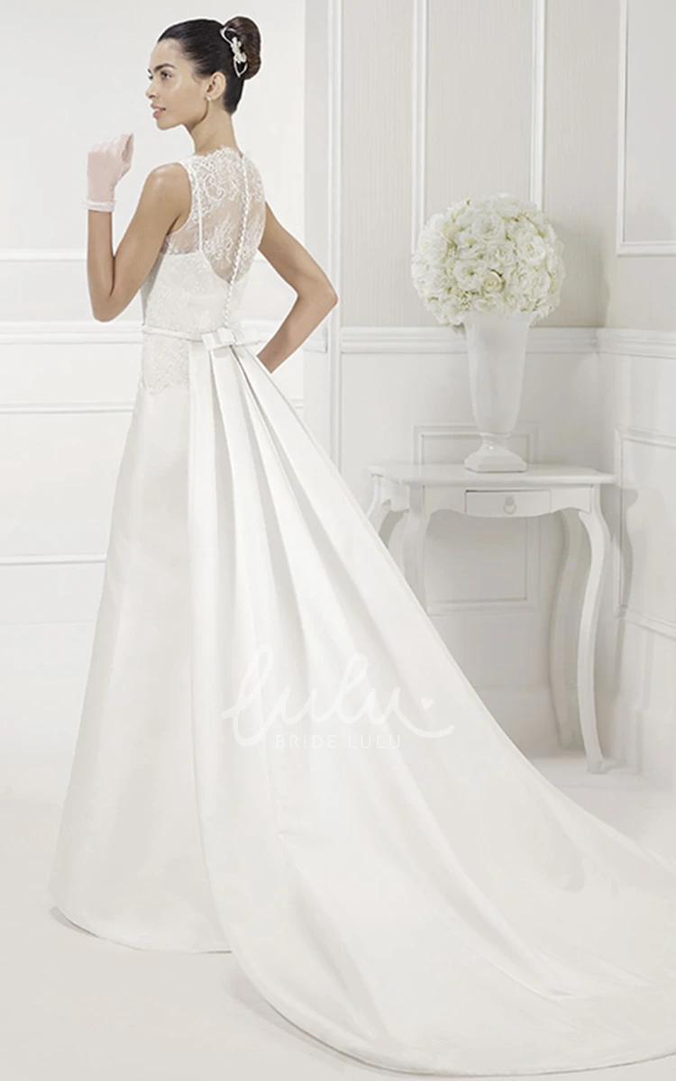 Sheath Satin Bridal Gown with Bow Sash Lace Top Modern Wedding Dress