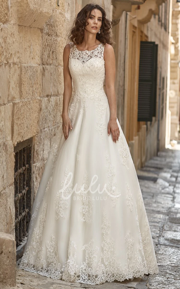 Lace Appliqued A-Line Wedding Dress with Scoop Neck and Sleeveless