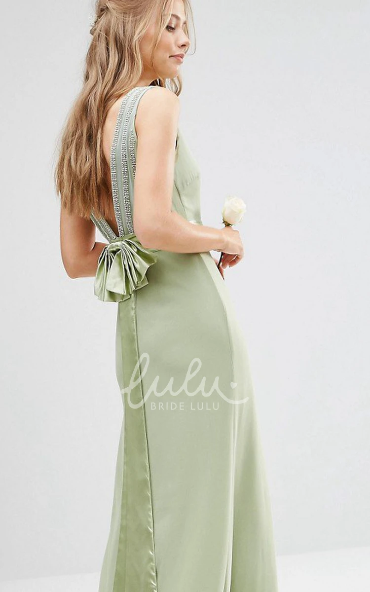 Sleeveless Sheath Chiffon Bridesmaid Dress with V Back and Bow