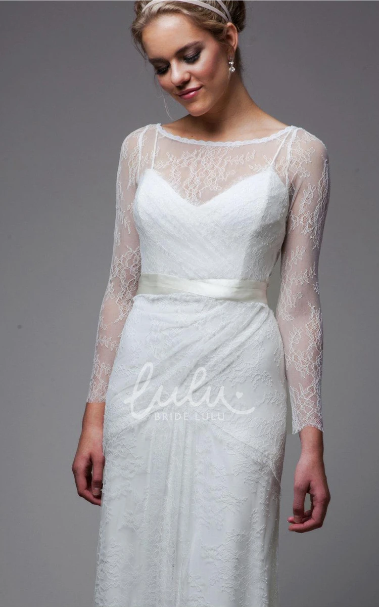 Lace Sheath Wedding Dress with Illusion Sleeves and Low-V Back