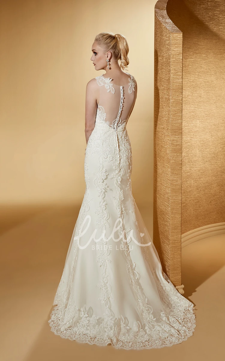 Jewel-Neck Mermaid Lace Gown with Cap Sleeves and Brush Train