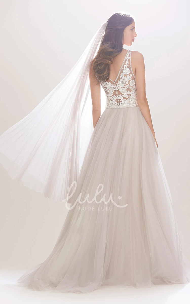 A-Line Tulle Wedding Dress with Beading and Illusion Sleeveless V-Neck Gown