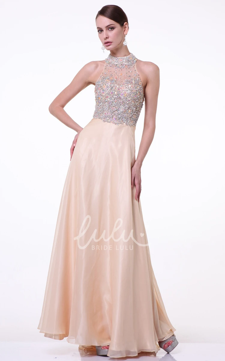 High Neck Beaded A-Line Sleeveless Formal Dress with Satin Illusion