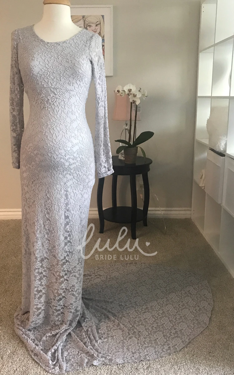 Sheath Lace Bateau Long Sleeve Maternity Dress with Lace Details