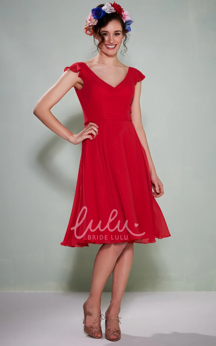 Cap Sleeve V-Neck Chiffon Knee-Length Bridesmaid Dress Elegant 2024 Women's Dress