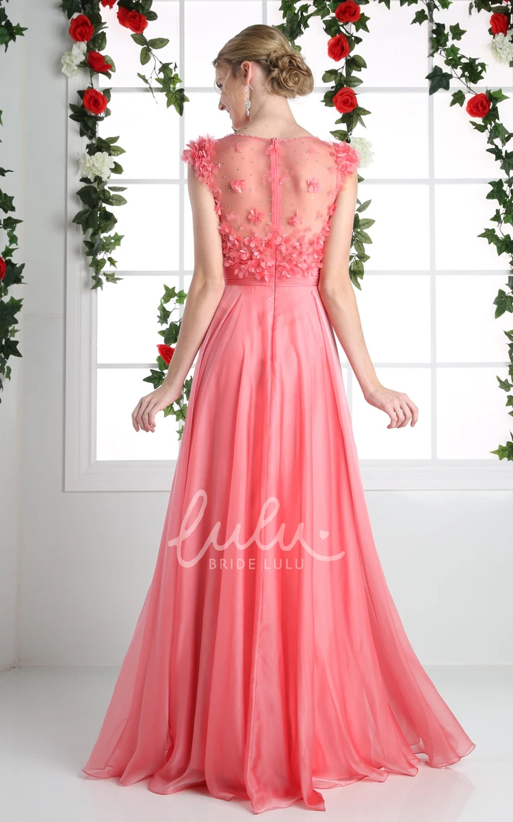 Chiffon Cap-Sleeve A-Line Maxi Dress with Flower and Pleats for Formals