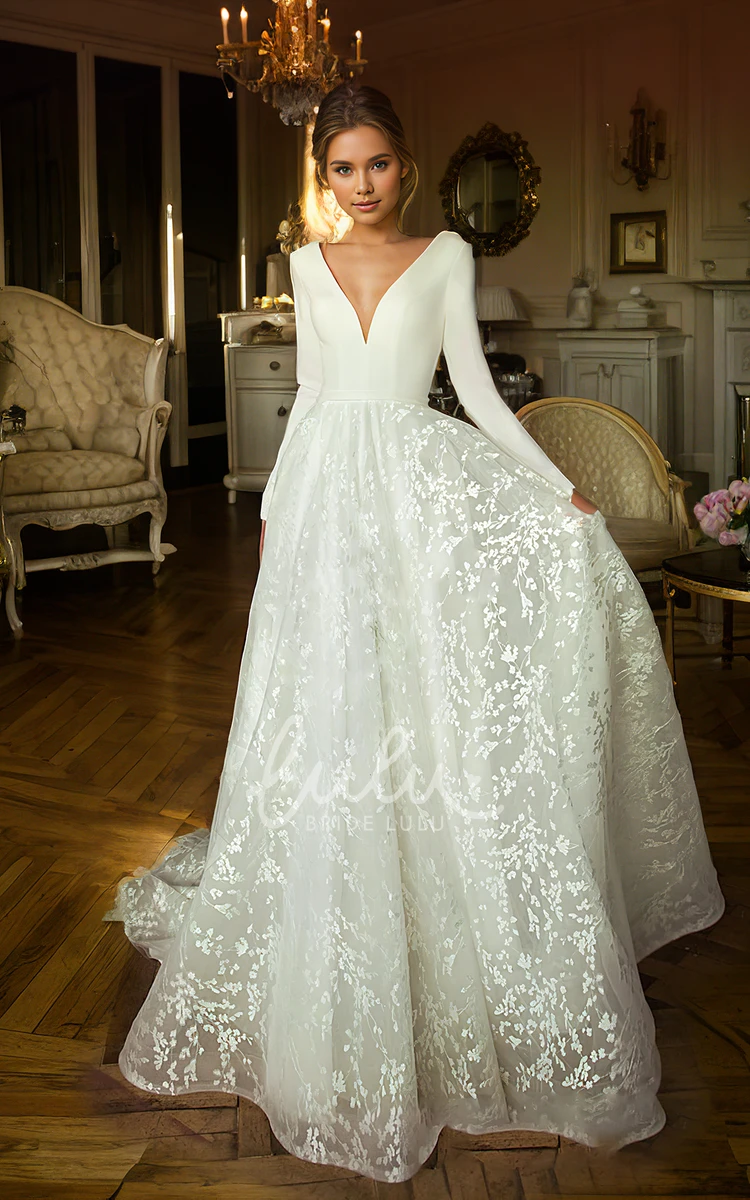 Floor-length Ethereal Lace A-Line Long Sleeve V-neck Wedding Dress with Train Deep-V Back