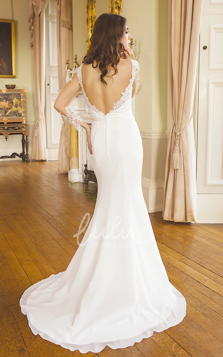 Mermaid Illusion Sleeve Wedding Dress with Chiffon Applique Stunning Bridal Gown