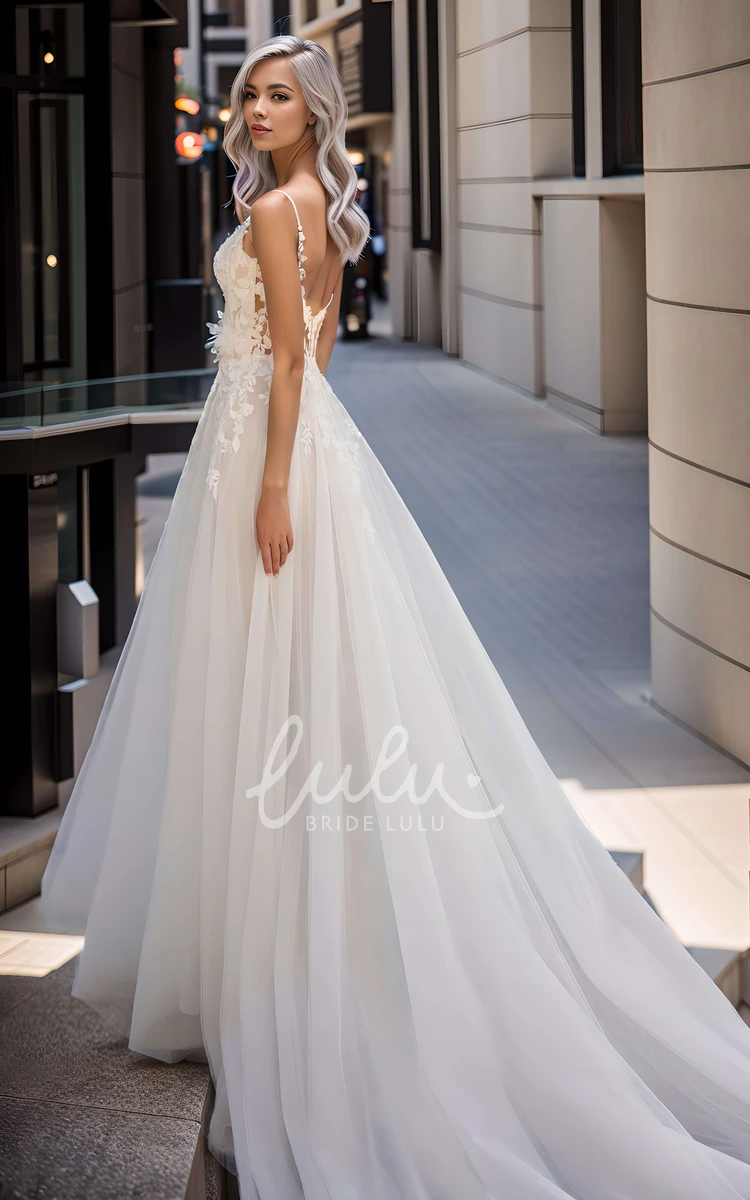 Ethereal Sexy V-neck A-Line Spaghetti Lace Tulle Wedding Dress Romantic Elegant Garden Sleeveless Appliques Floor-length Zipper Deep-V Back Bridal Dress with Train