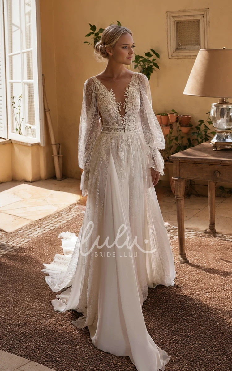 Fairy Bohemian Lace A-Line Long Sleeve V-Neck Wedding Dress Princess Ethereal Appliques Court Train Chiffon Garden Beach Bridal Gown