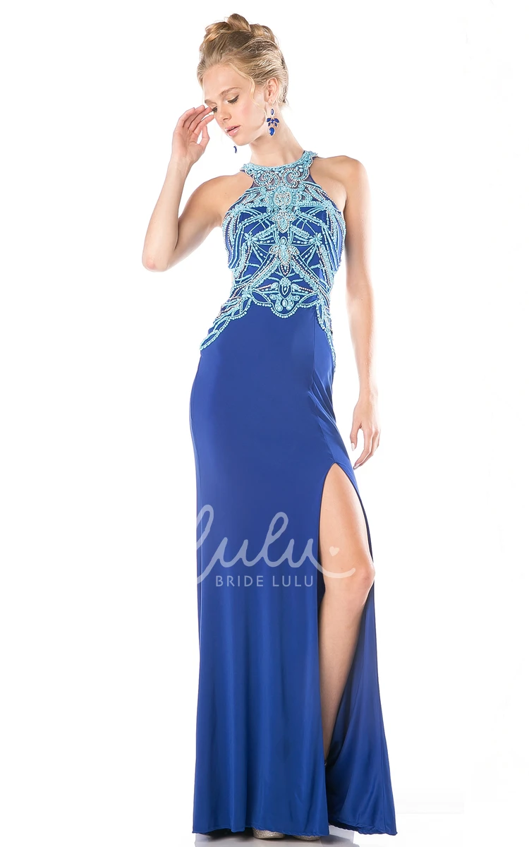 Maxi Jersey Illusion Formal Dress with Beading and Split Front