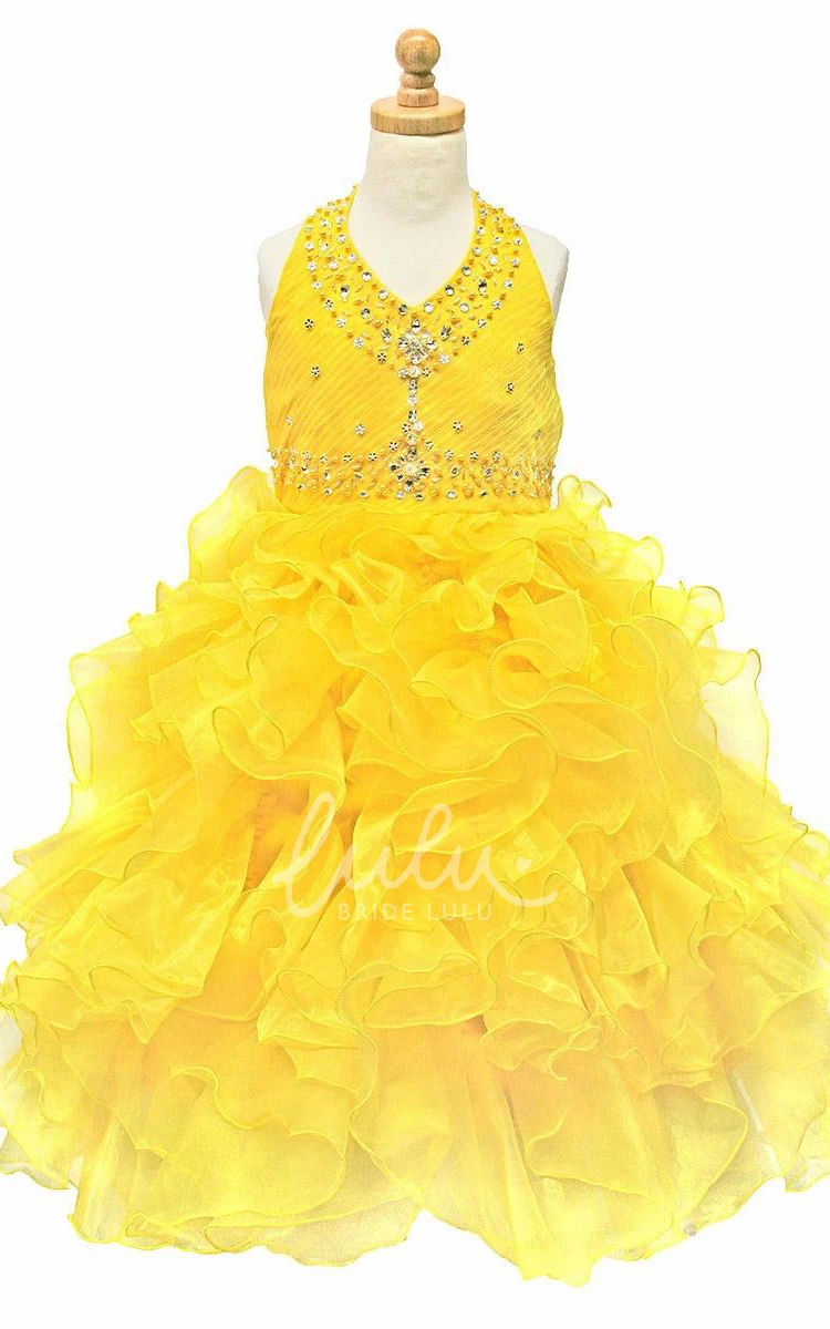 Ruffled Tea-Length Flower Girl Dress with Sequins and Ribbon Glamorous and Flowy