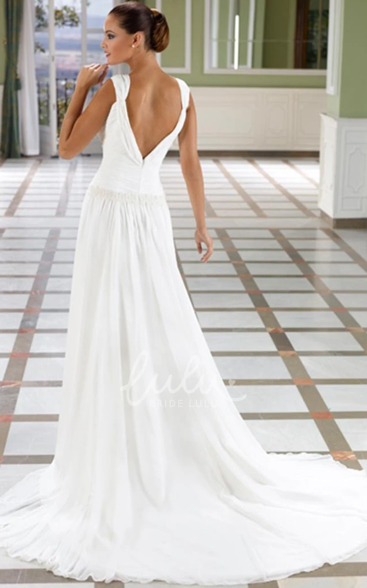 Chiffon Sleeveless A-Line Wedding Dress with Deep-V Back and Ruched Floor-Length Skirt