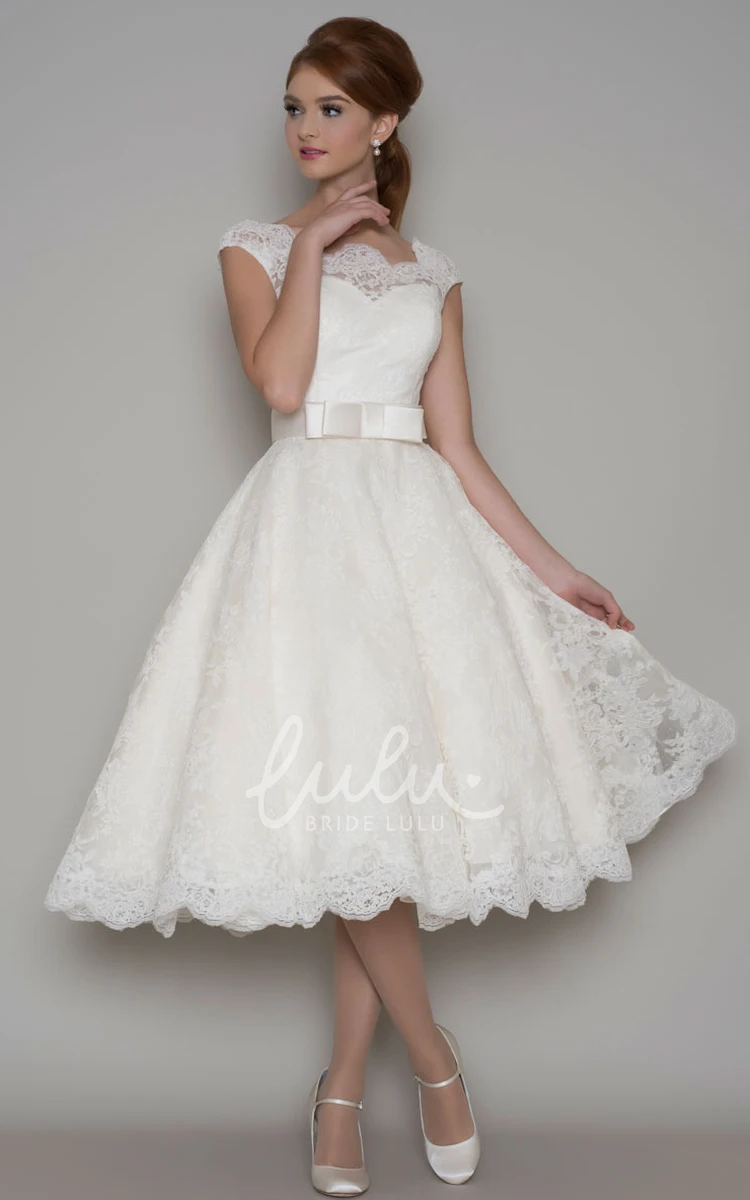 A-Line Lace Wedding Dress Tea-Length Cap Sleeve Square Neck Ribboned