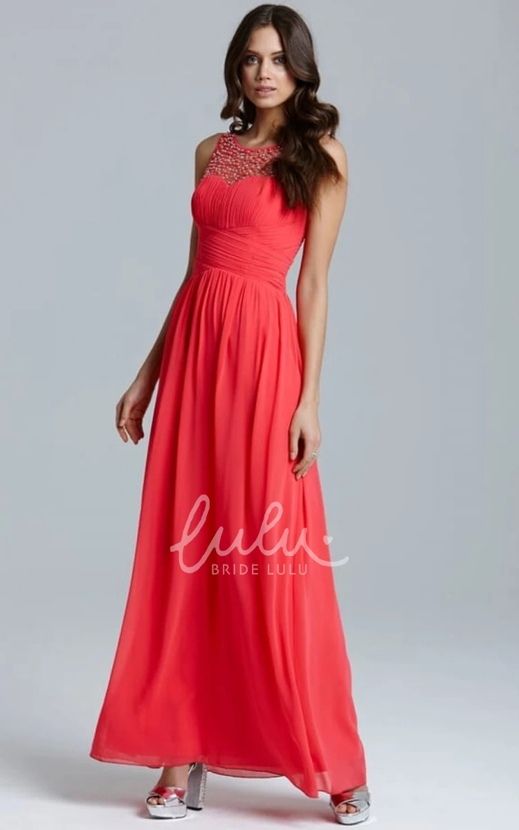 Ruched Chiffon Bridesmaid Dress Ankle-Length with Sleeveless Scoop Neck