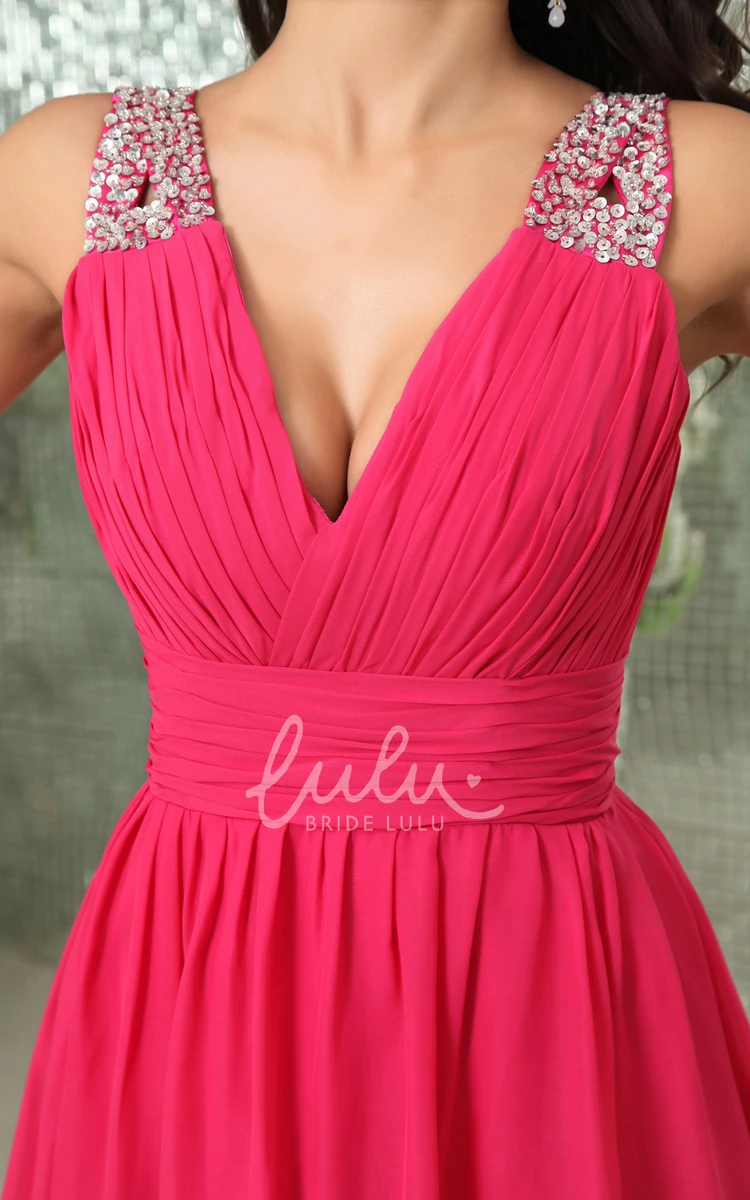 V-Neck Chiffon Short Formal Dress with Beaded Strap Sleeveless A-Line