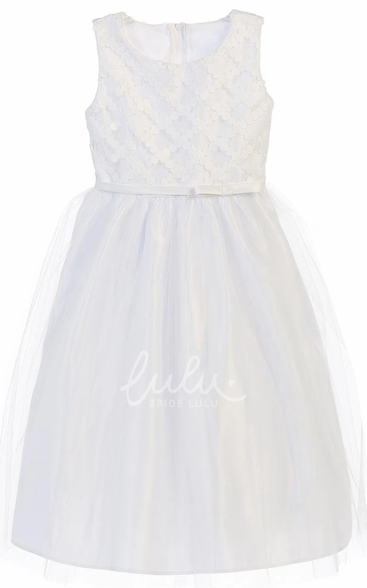 Sleeveless Tea-Length Tulle and Satin Girl Dress with Bow